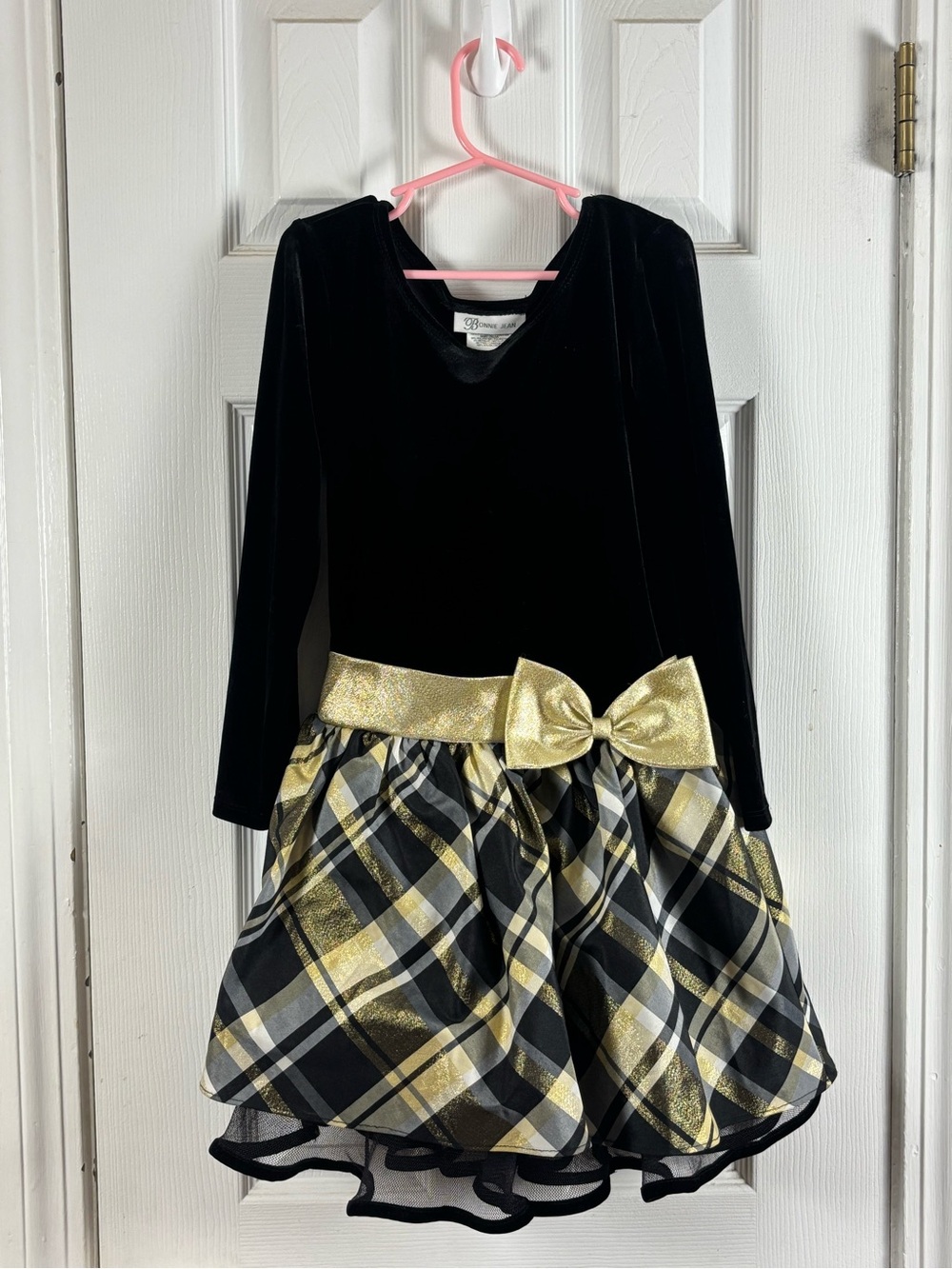 Bonnie Jean Black Velvet Gold Plaid Holiday Dress Girls Plus 6X NWOT